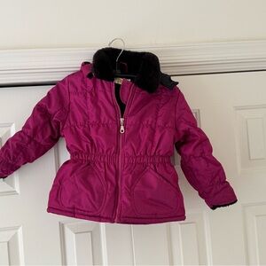 Girls 2T to 3T Magenta Shine Puffer Jacket with Black Fur Trim